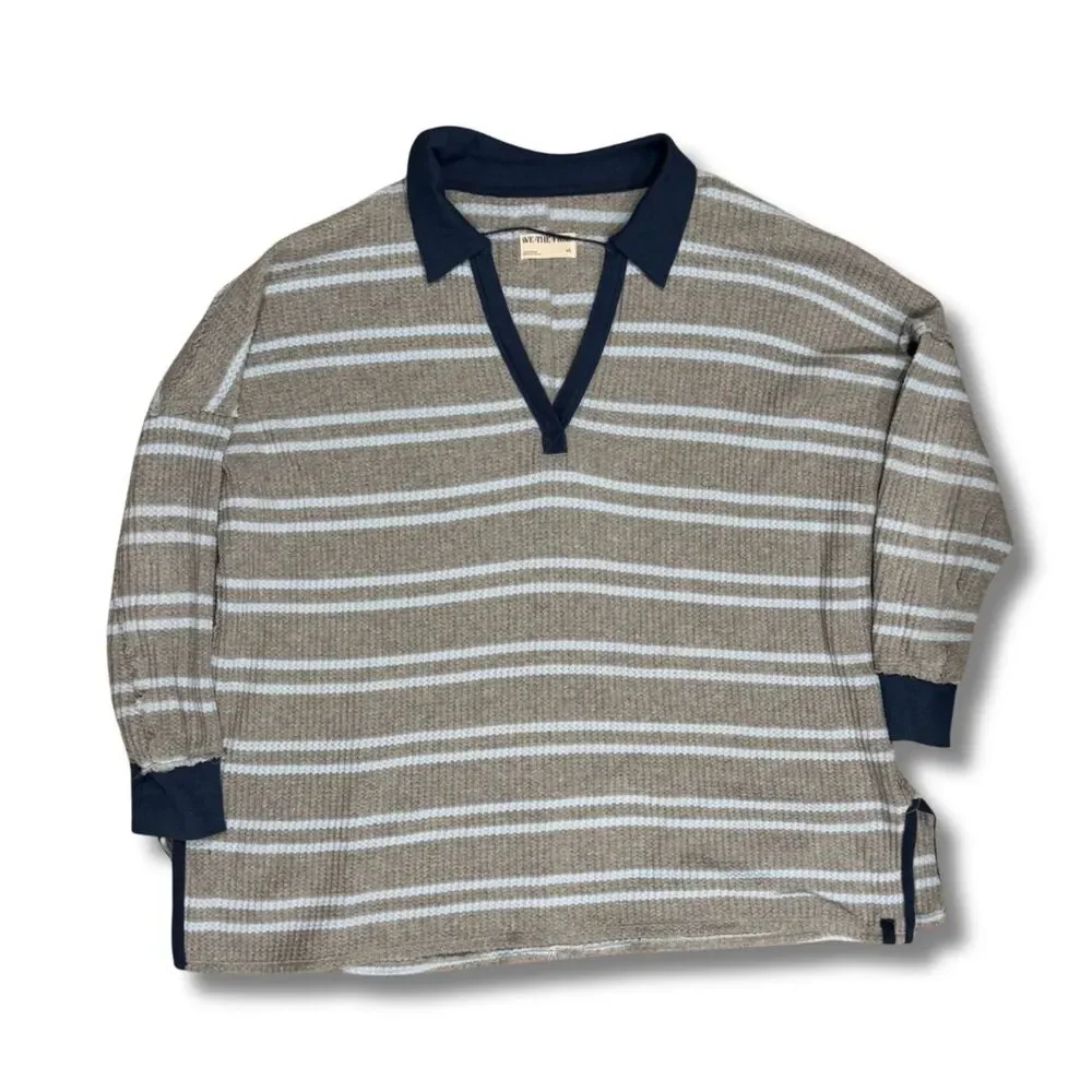 Free People We The Free Striped Travis Polo - Heather Gray Combo, M